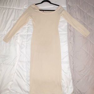 Carli Bybel x Missguided Long Sleeve Ribbed Off the Shoulder Cream Dress